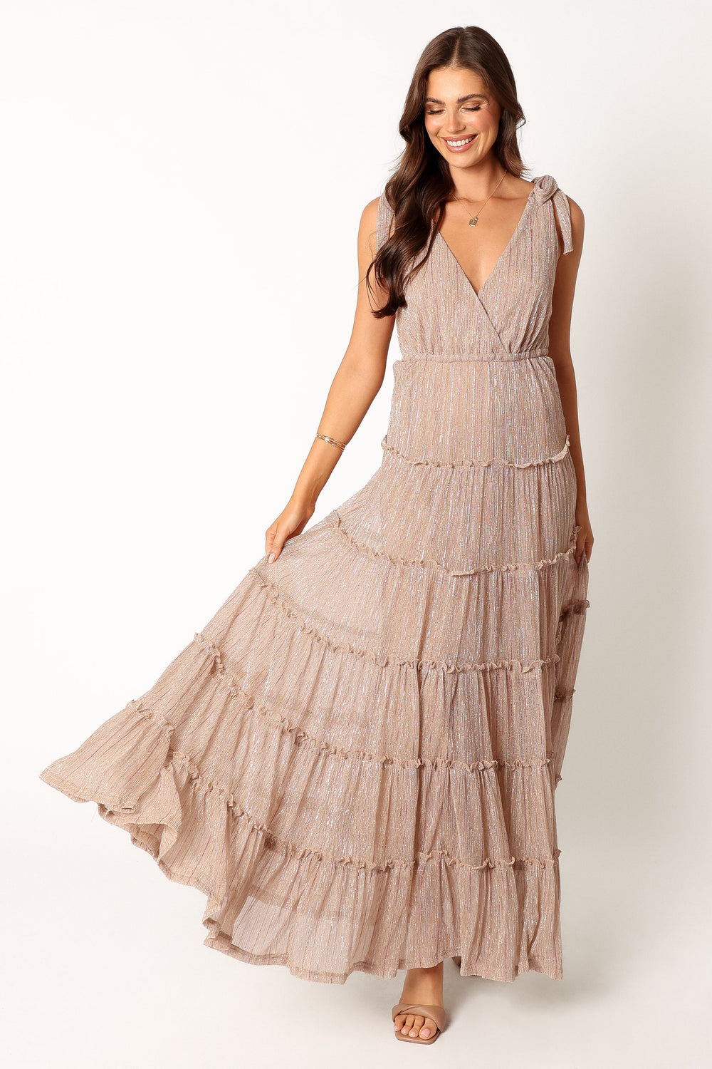 DRESSES @Devyn Tiered Maxi Dress - Rose Gold Stripe