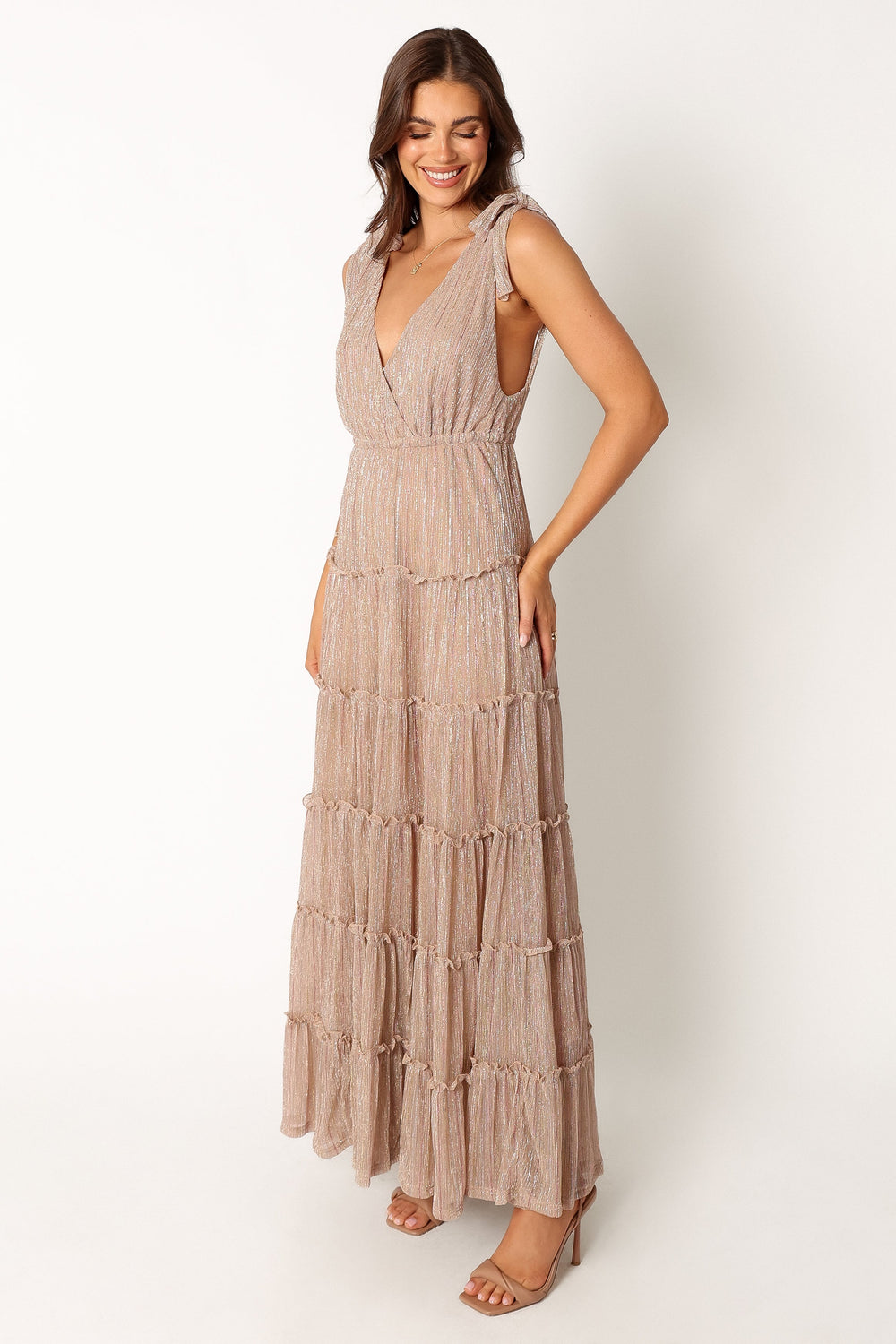 DRESSES @Devyn Tiered Maxi Dress - Rose Gold Stripe