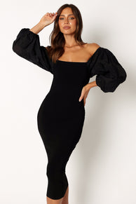 DRESSES @Dolly Puff Sleeve Midi Dress - Black