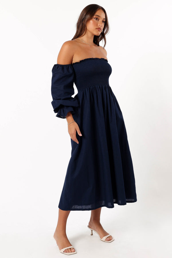 DRESSES @Domenica Shirred Long Sleeve Dress - Navy