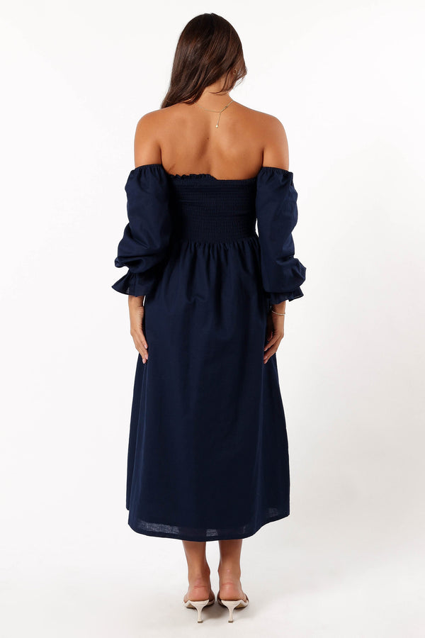 DRESSES @Domenica Shirred Long Sleeve Dress - Navy