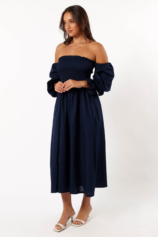 DRESSES @Domenica Shirred Long Sleeve Dress - Navy