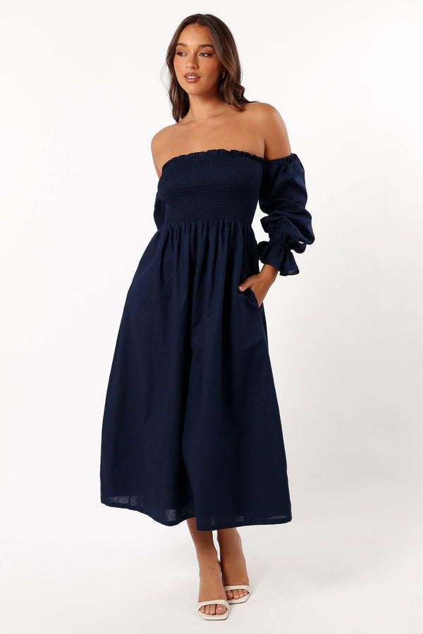 DRESSES @Domenica Shirred Long Sleeve Dress - Navy