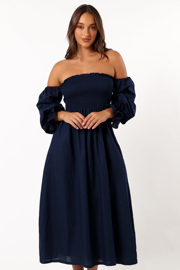 DRESSES @Domenica Shirred Long Sleeve Dress - Navy