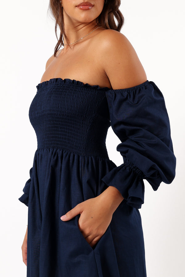 DRESSES @Domenica Shirred Long Sleeve Dress - Navy