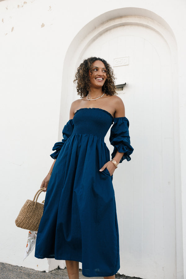 DRESSES @Domenica Shirred Long Sleeve Dress - Navy (Hold for 4th July)