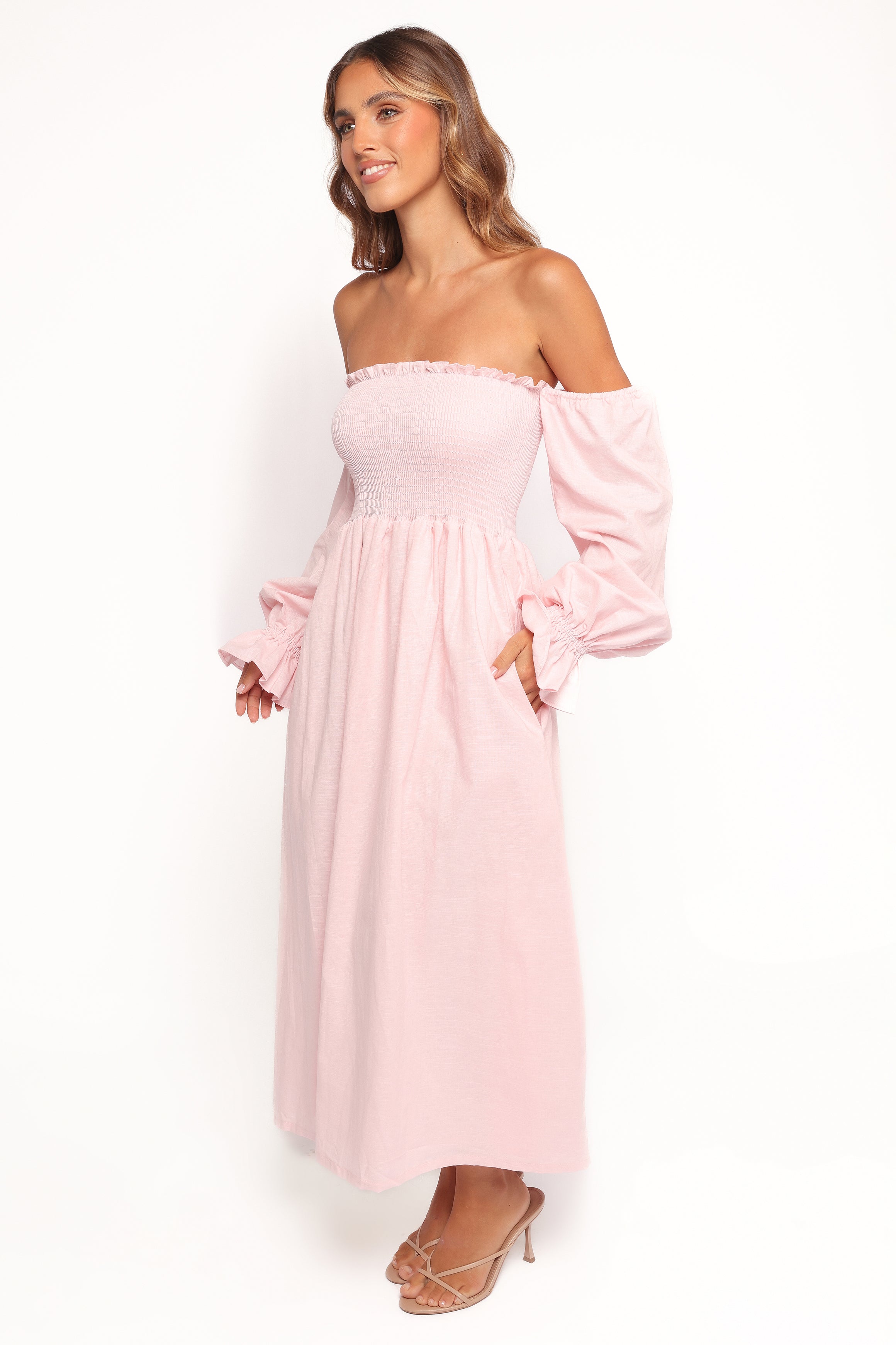 DRESSES Domenica Shirred Long Sleeve Midi Dress - Pink