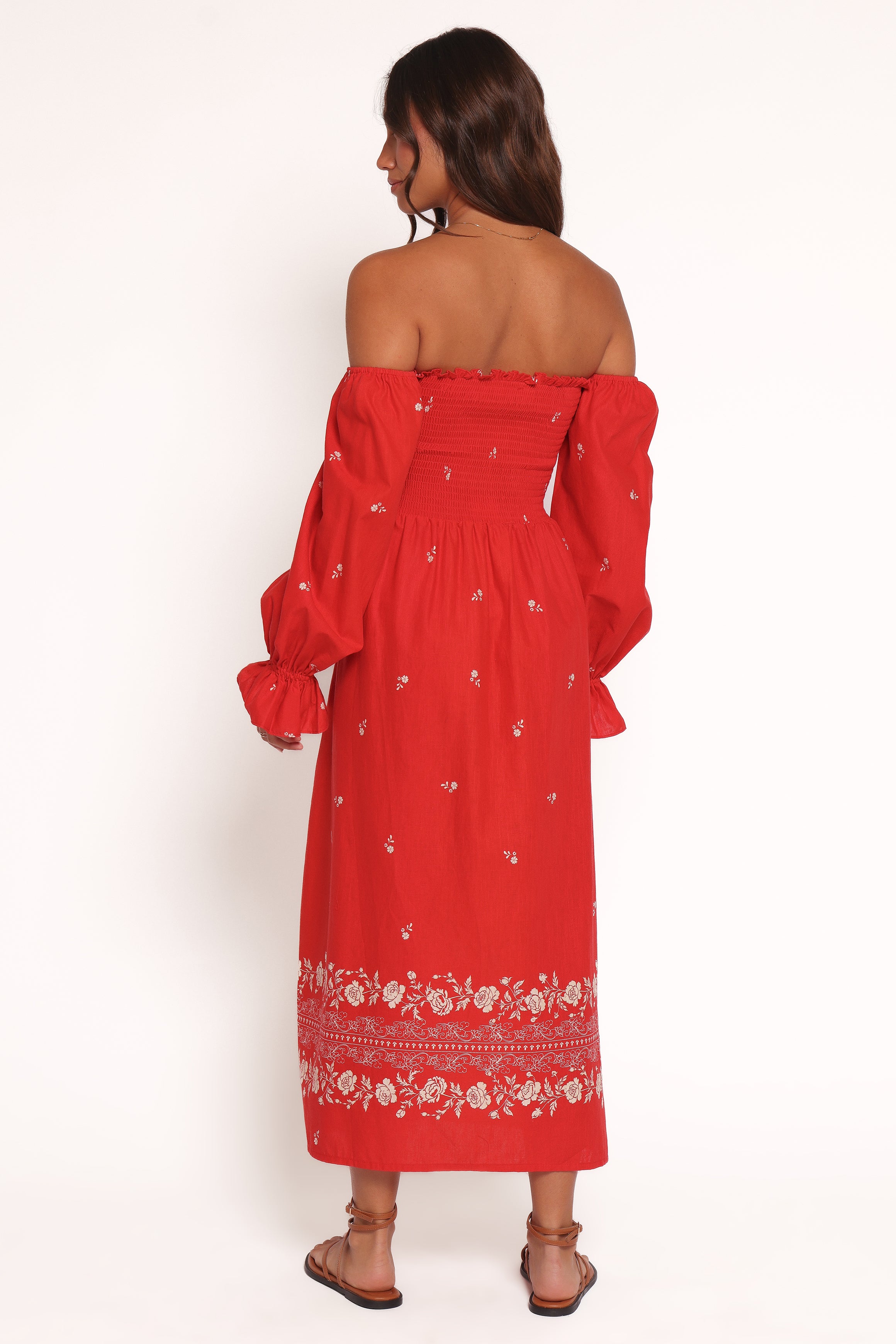 DRESSES Domenica Shirred Long Sleeve Midi Dress - Red Floral Bandana