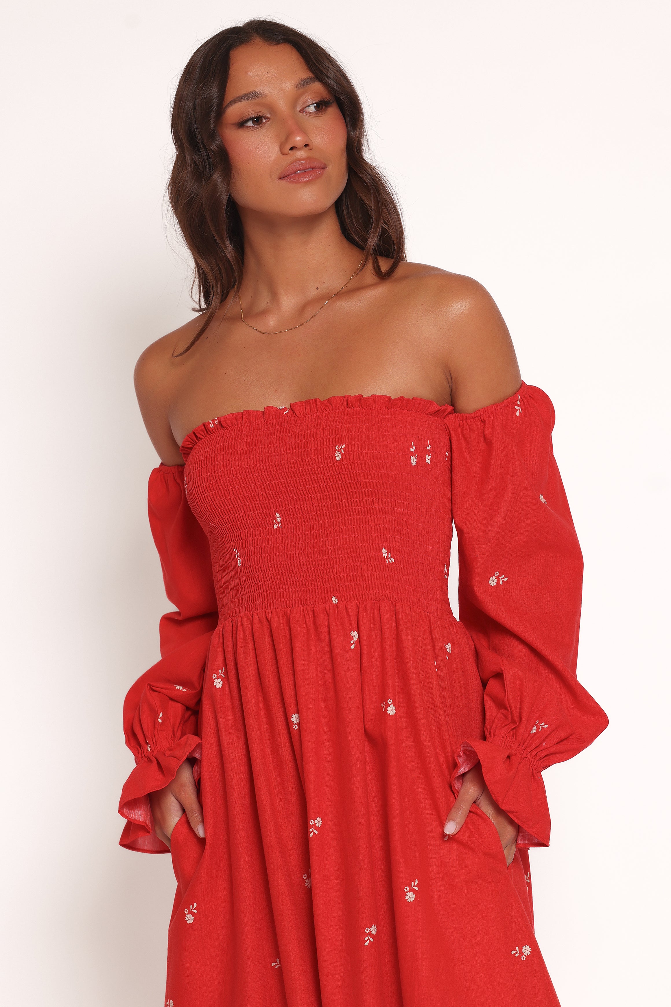 DRESSES Domenica Shirred Long Sleeve Midi Dress - Red Floral Bandana