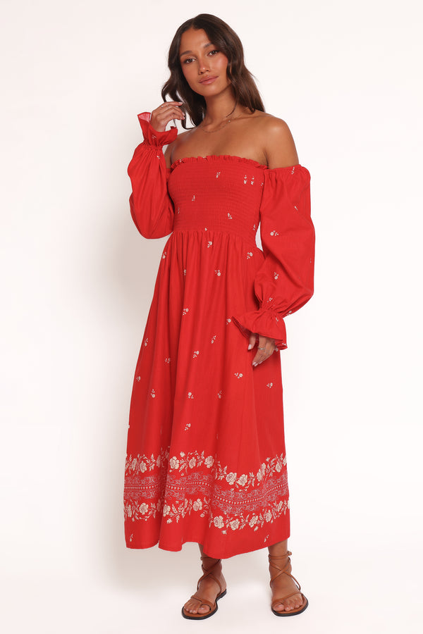 DRESSES Domenica Shirred Long Sleeve Midi Dress - Red Floral Bandana