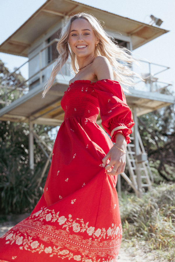 DRESSES Domenica Shirred Long Sleeve Midi Dress - Red Floral Bandana