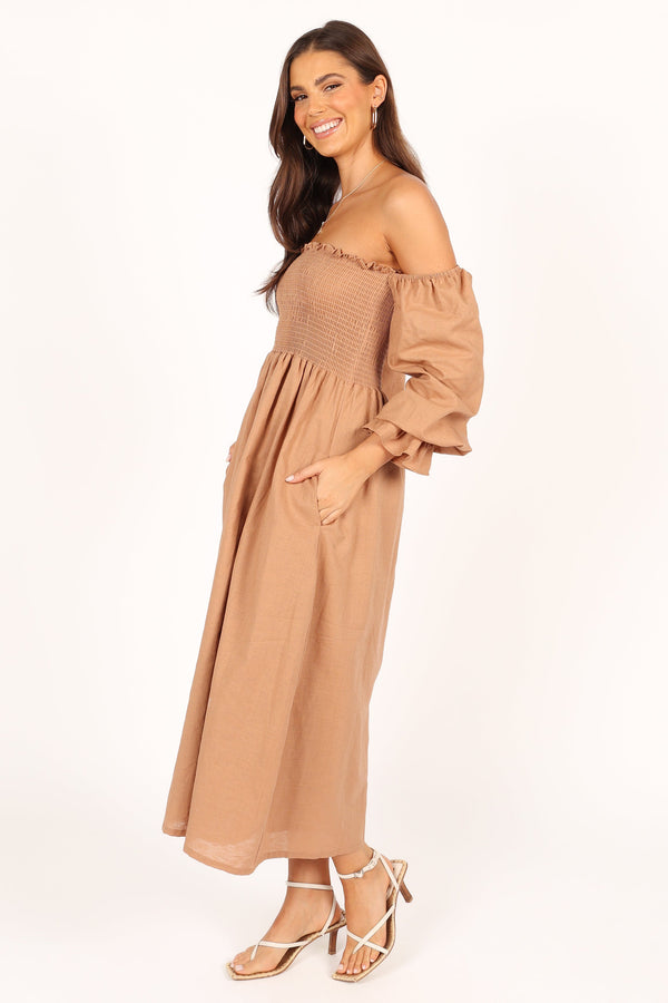 DRESSES Domenica Shirred Long Sleeve Midi Dress - Tan