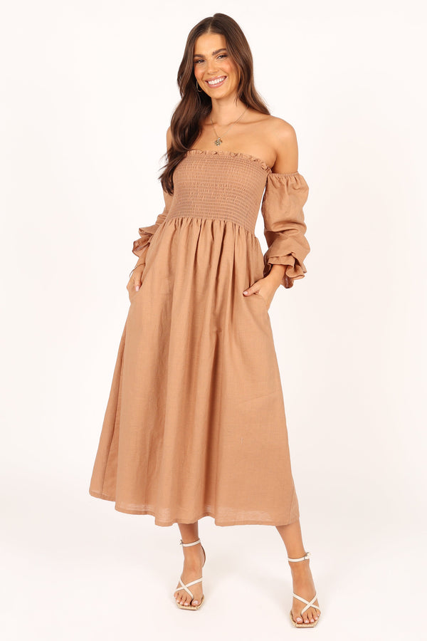 DRESSES Domenica Shirred Long Sleeve Midi Dress - Tan