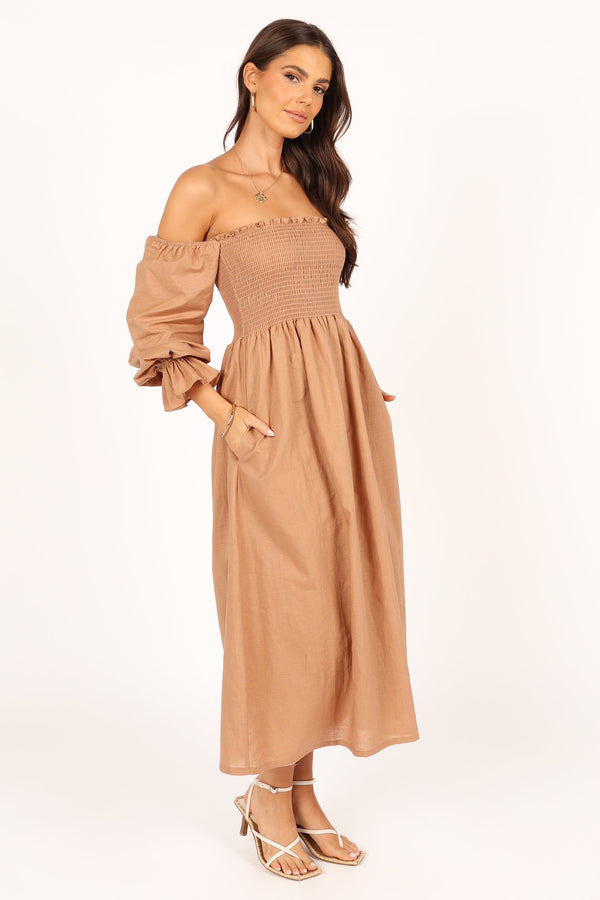 DRESSES Domenica Shirred Long Sleeve Midi Dress - Tan