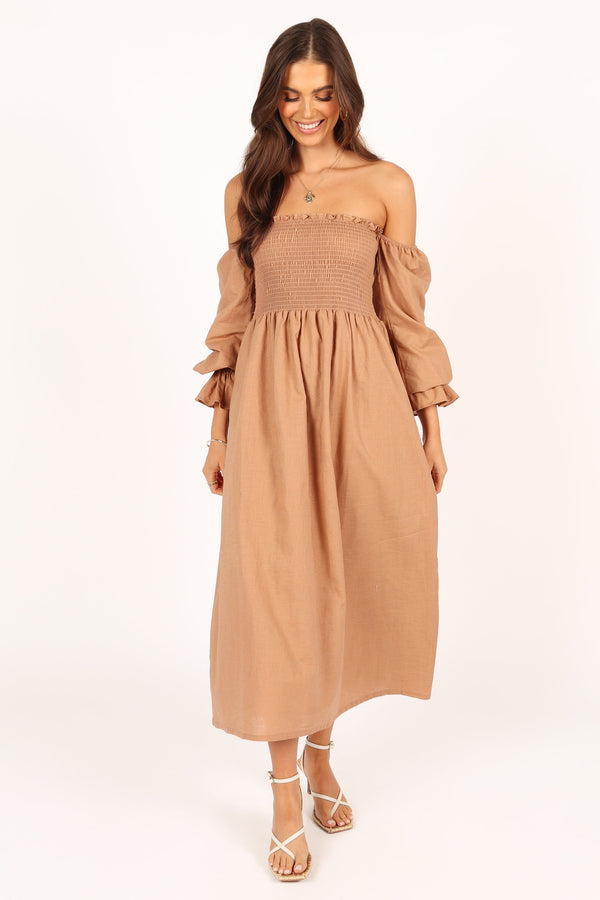 DRESSES Domenica Shirred Long Sleeve Midi Dress - Tan