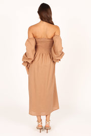 DRESSES Domenica Shirred Long Sleeve Midi Dress - Tan