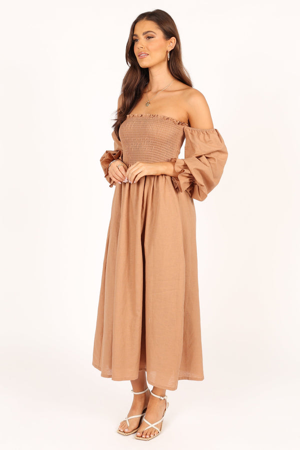 DRESSES Domenica Shirred Long Sleeve Midi Dress - Tan