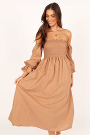 DRESSES Domenica Shirred Long Sleeve Midi Dress - Tan