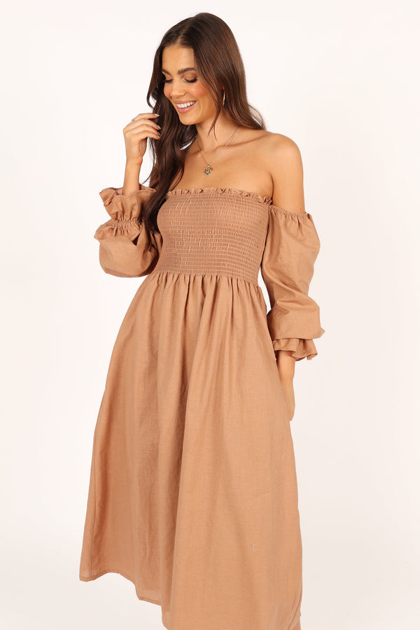 DRESSES Domenica Shirred Long Sleeve Midi Dress - Tan