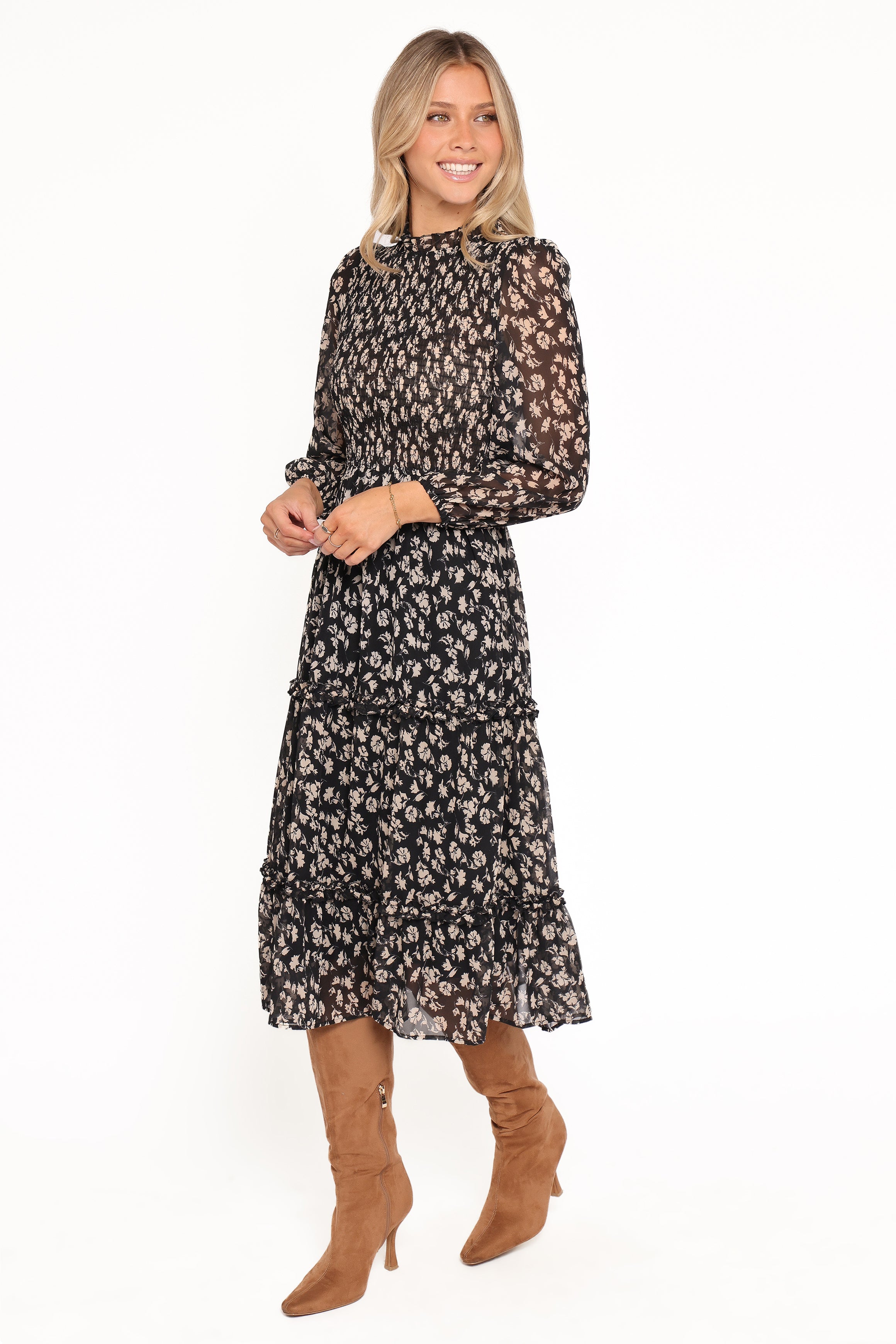 DRESSES Edwina Shirred Frill Long Sleeve Midi Dress - Black Ditsy Floral
