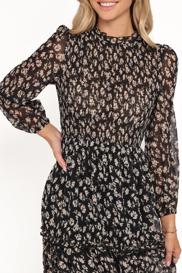 DRESSES Edwina Shirred Frill Long Sleeve Midi Dress - Black Ditsy Floral