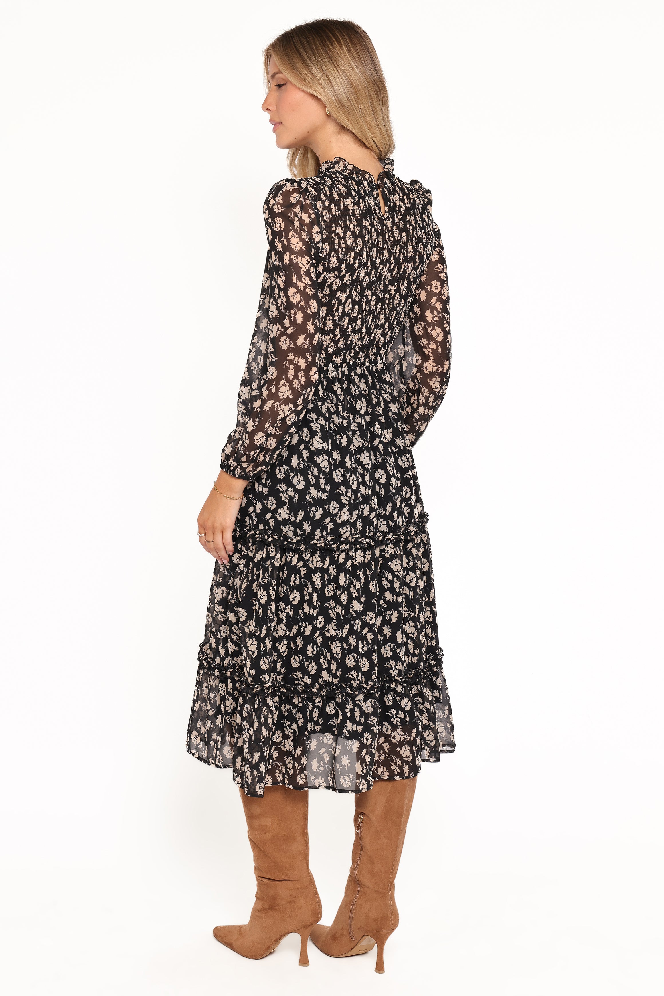 DRESSES Edwina Shirred Frill Long Sleeve Midi Dress - Black Ditsy Floral