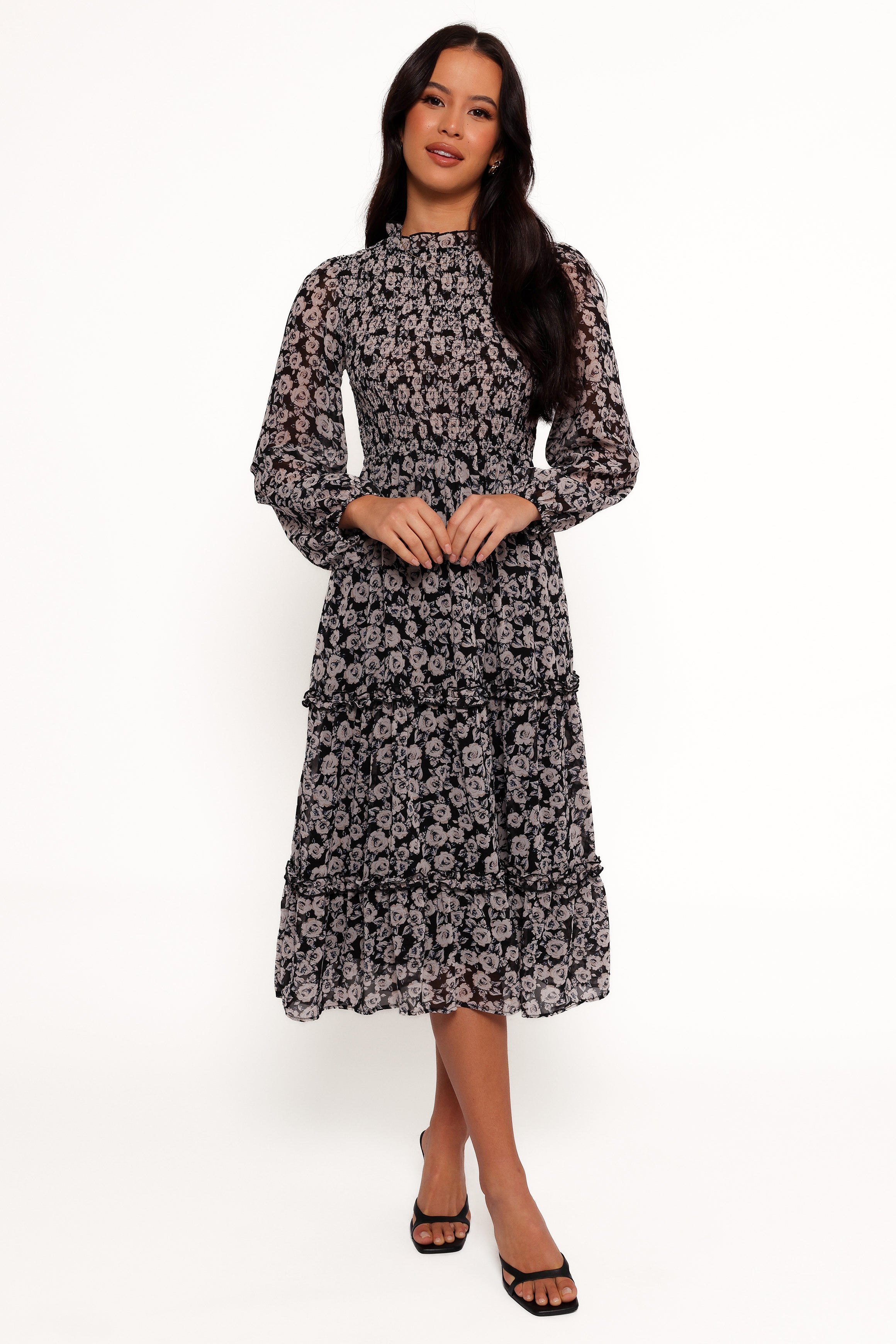 DRESSES Edwina Shirred Frill Long Sleeve Midi Dress - Black Floral