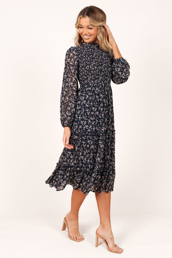 DRESSES Edwina Shirred Frill Long Sleeve Midi Dress - Navy Floral