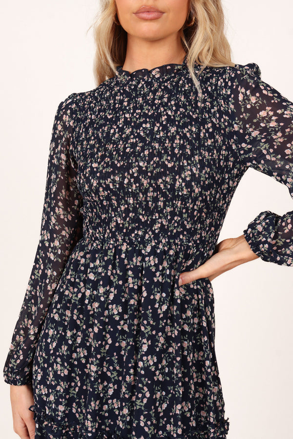 DRESSES Edwina Shirred Frill Long Sleeve Midi Dress - Navy Floral