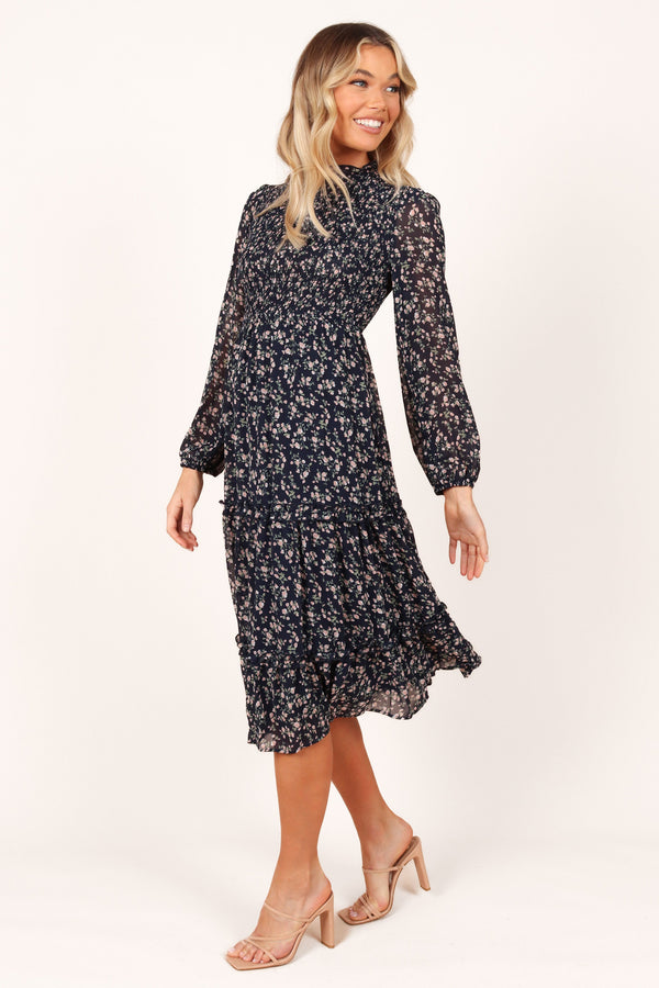 DRESSES Edwina Shirred Frill Long Sleeve Midi Dress - Navy Floral