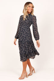 Edwina Shirred Frill Long Sleeve Midi Dress - Navy Floral - Petal & Pup