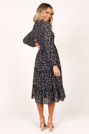 DRESSES Edwina Shirred Frill Long Sleeve Midi Dress - Navy Floral