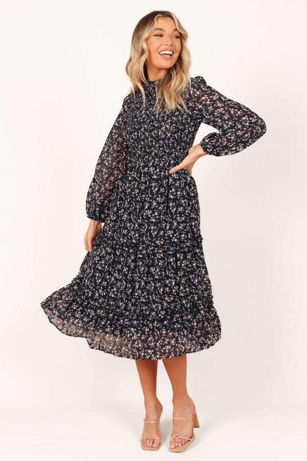 DRESSES Edwina Shirred Frill Long Sleeve Midi Dress - Navy Floral