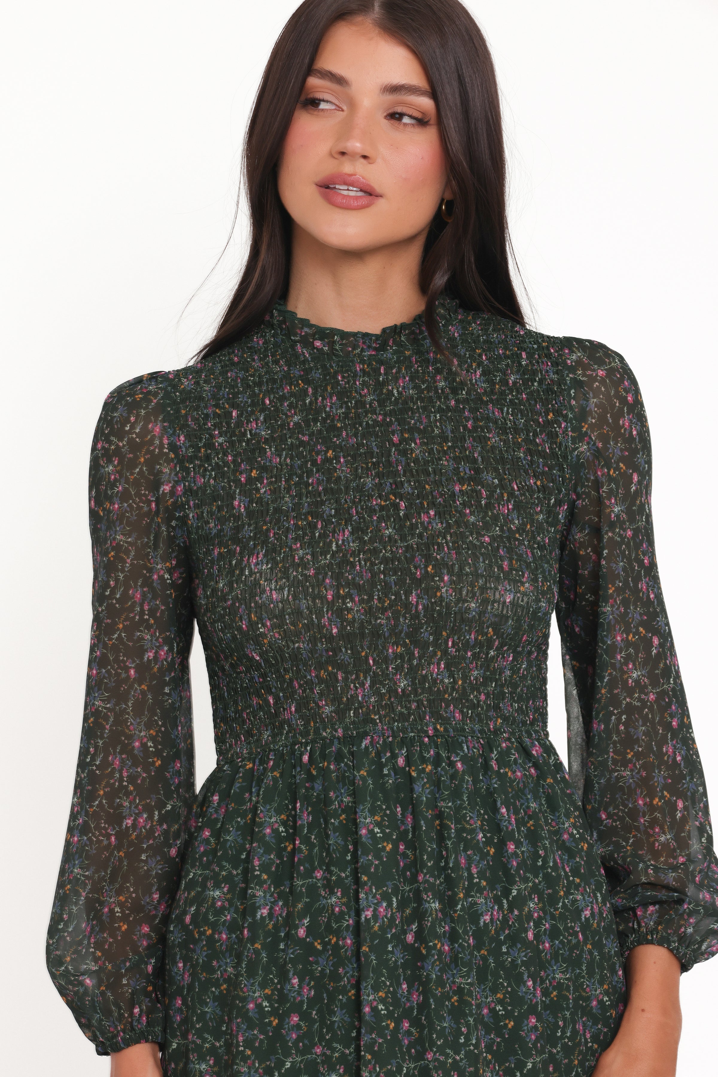 DRESSES Edwina Shirred Frill Long Sleeve Midi Dress - Olive Floral