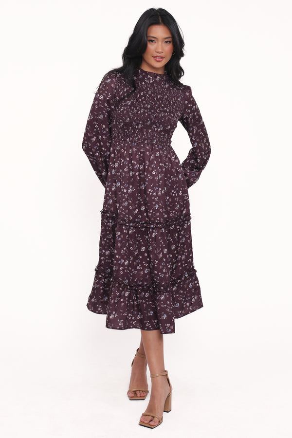DRESSES Edwina Shirred Frill Long Sleeve Midi Dress - Plum Floral
