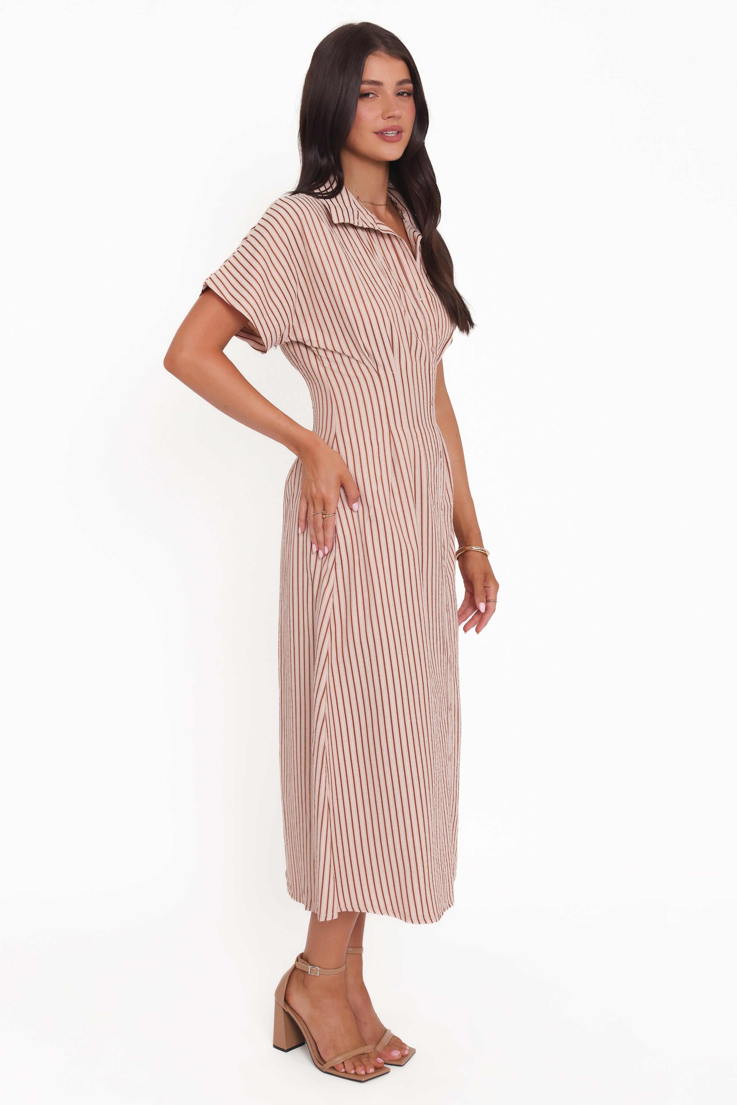 DRESSES Eilis Short Sleeve Button Down Maxi Dress - Brown Stripe