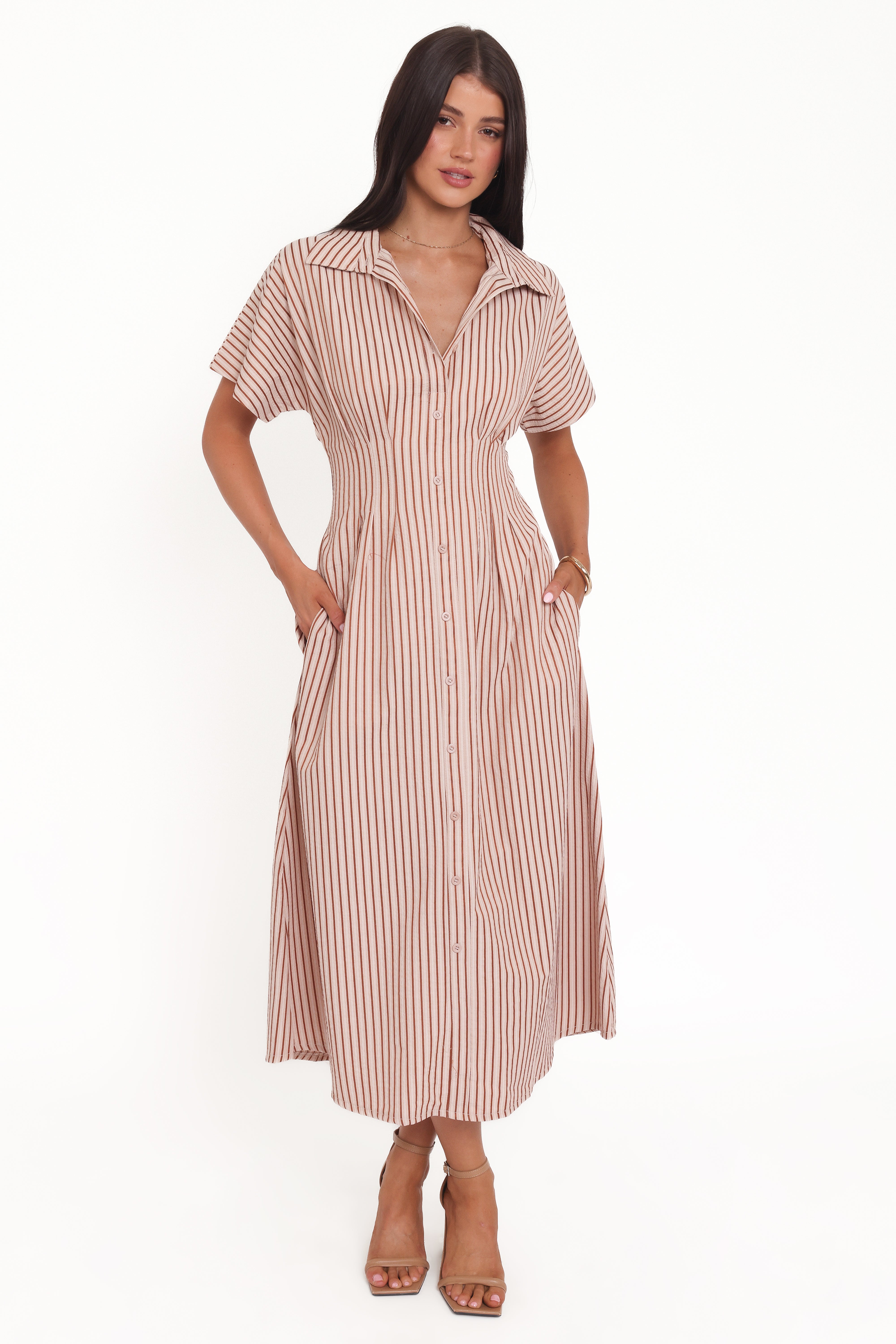 DRESSES Eilis Short Sleeve Button Down Maxi Dress - Brown Stripe