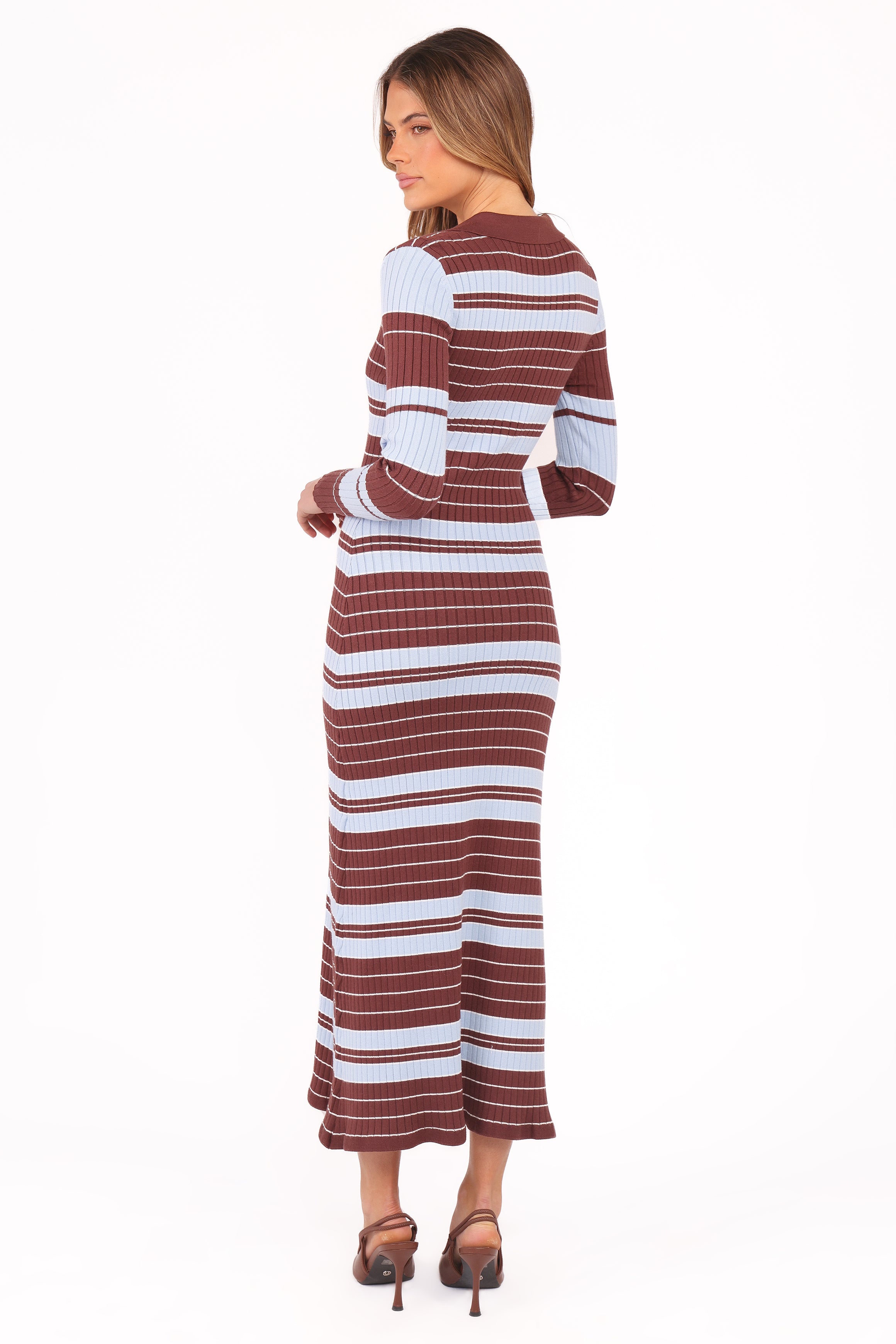 DRESSES Eliana Long Sleeve Midi Dress - Brown Blue Stripe