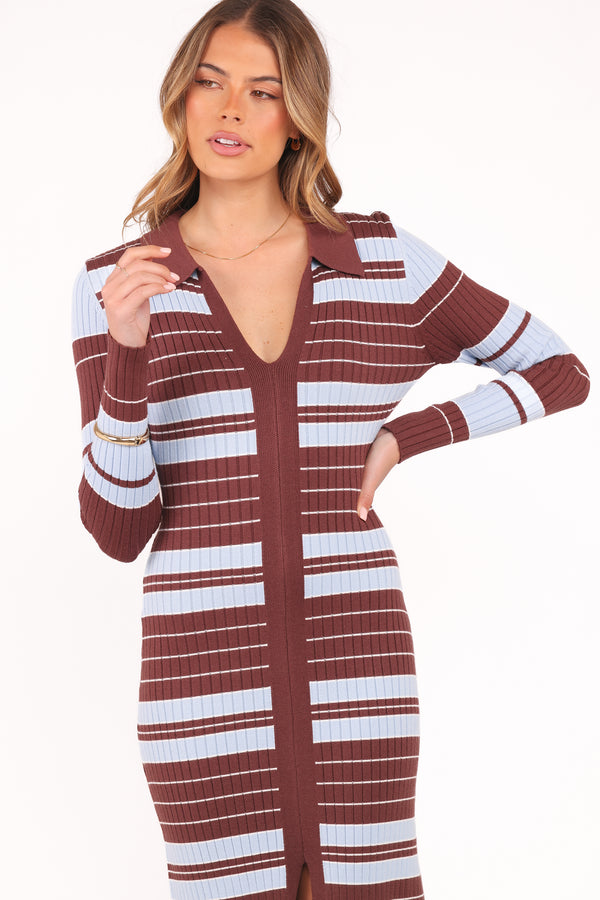 DRESSES Eliana Long Sleeve Midi Dress - Brown Blue Stripe