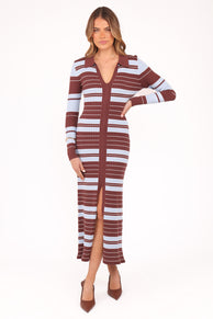 DRESSES Eliana Long Sleeve Midi Dress - Brown Blue Stripe