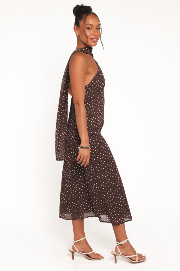 DRESSES Elva Halterneck Midi Dress - Brown Polka Dot