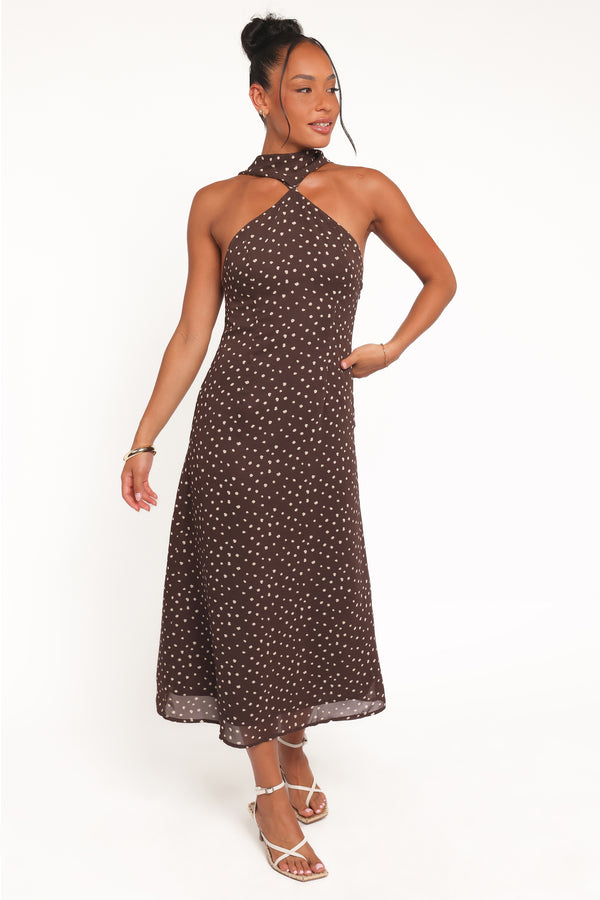 DRESSES Elva Halterneck Midi Dress - Brown Polka Dot