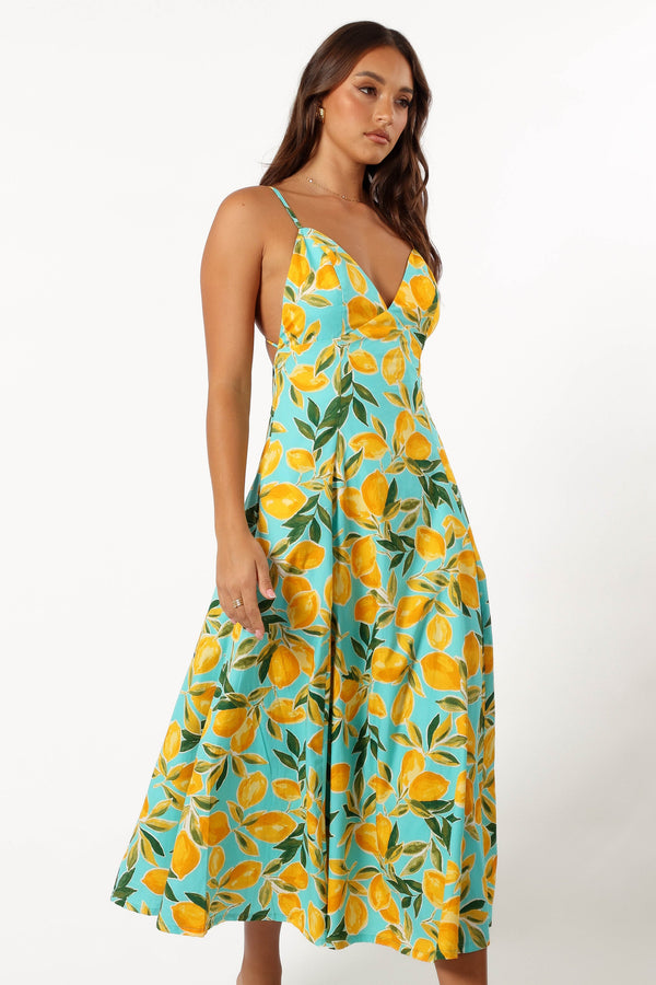 DRESSES @Emery Lemon Print Midi Dress - Sky Lemon