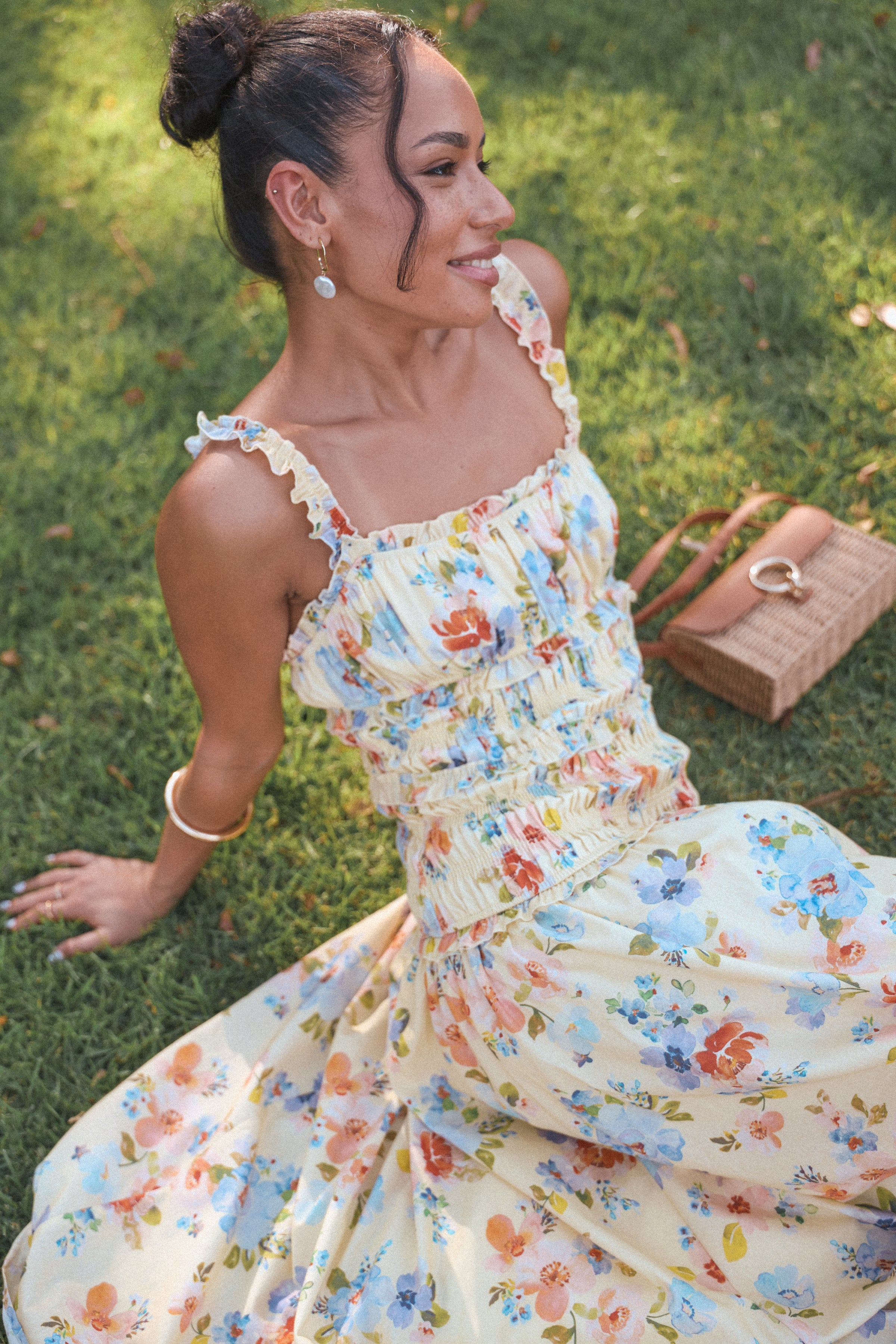 DRESSES Enola Gather Midi Dress - Yellow Floral