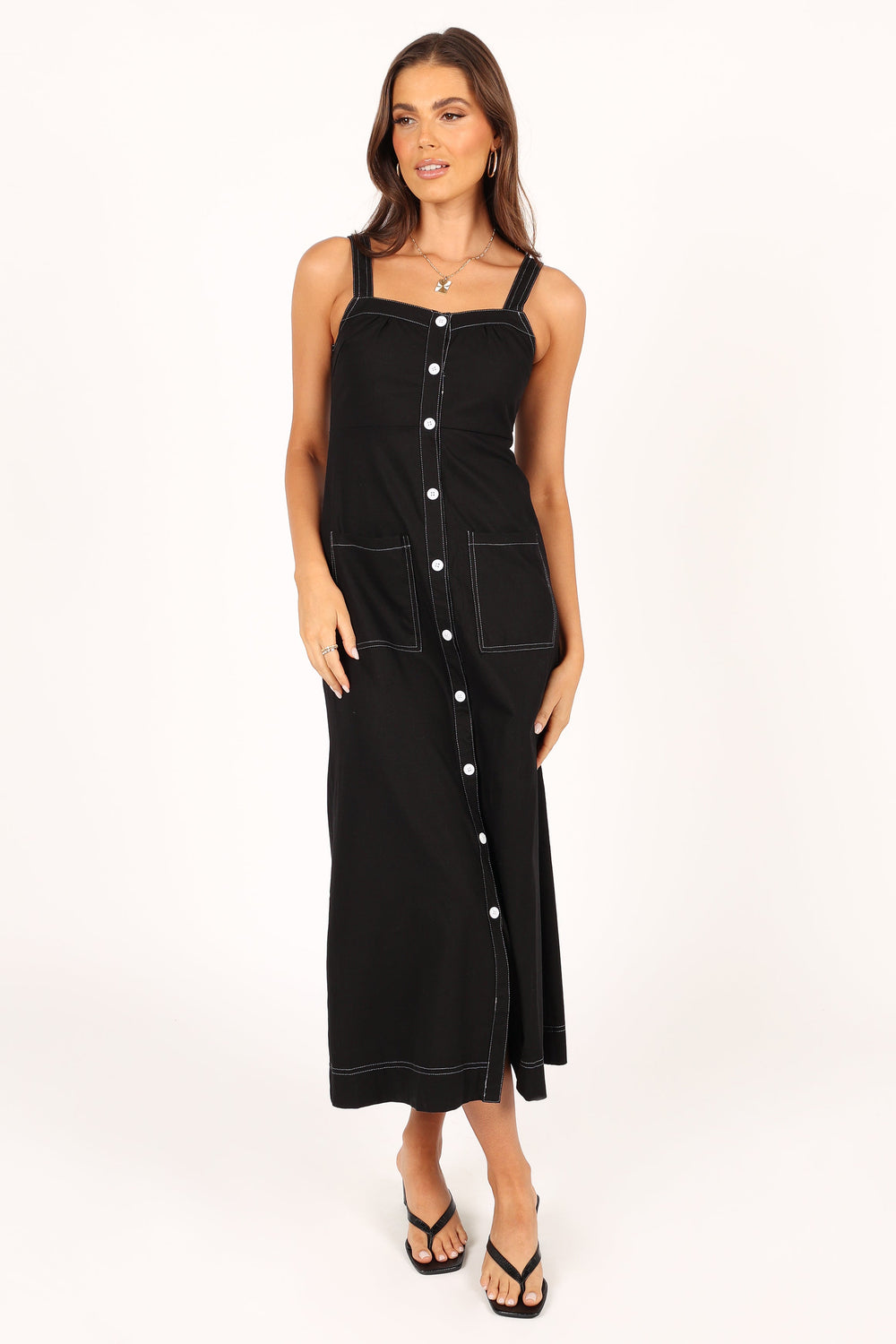 Estelle Contrast Stitch Midi Dress - Black - Petal & Pup