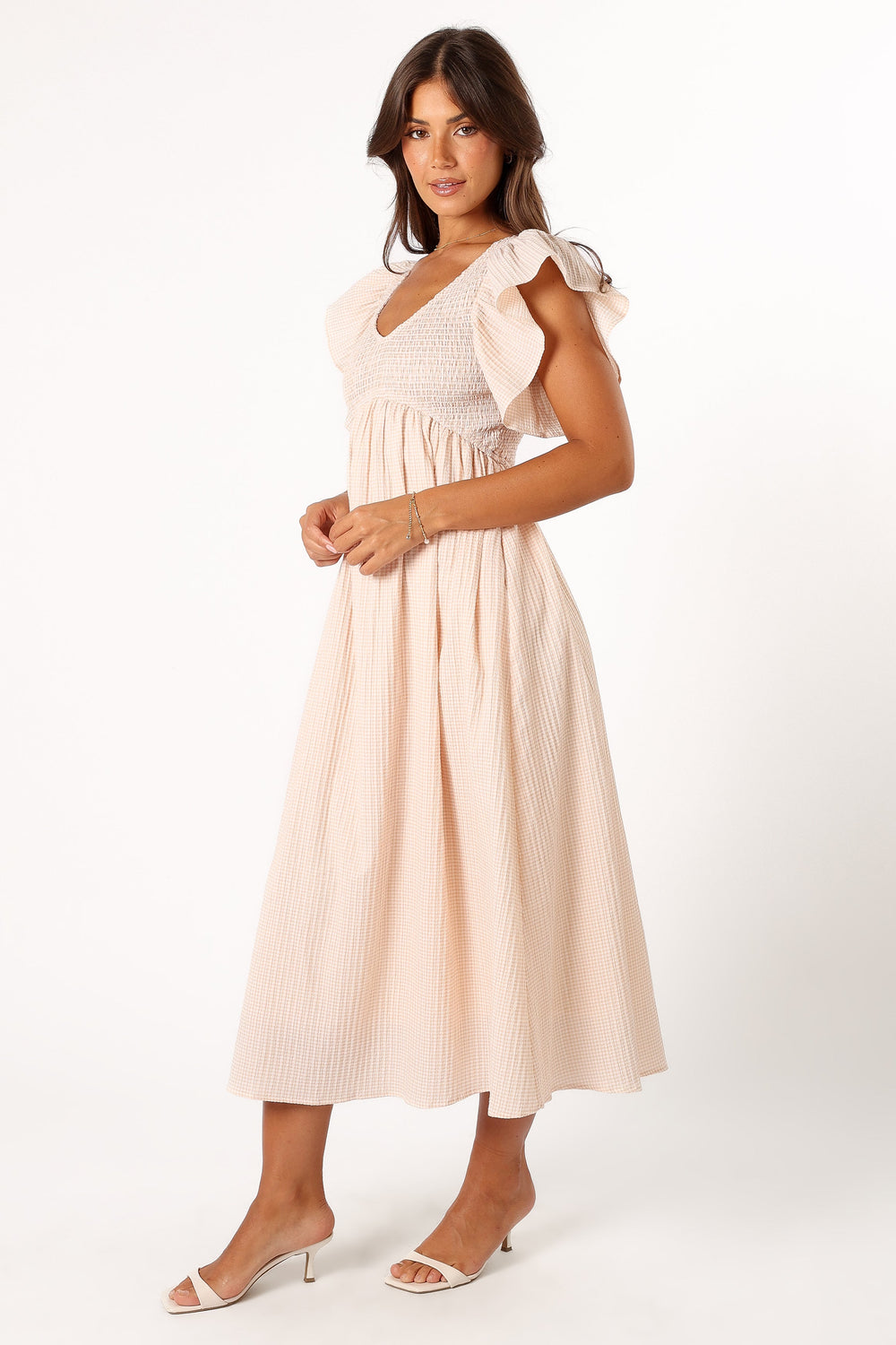 DRESSES @Farley Flutter Sleeve Midi Dress - Tan Gingham (Hold for Sundial)