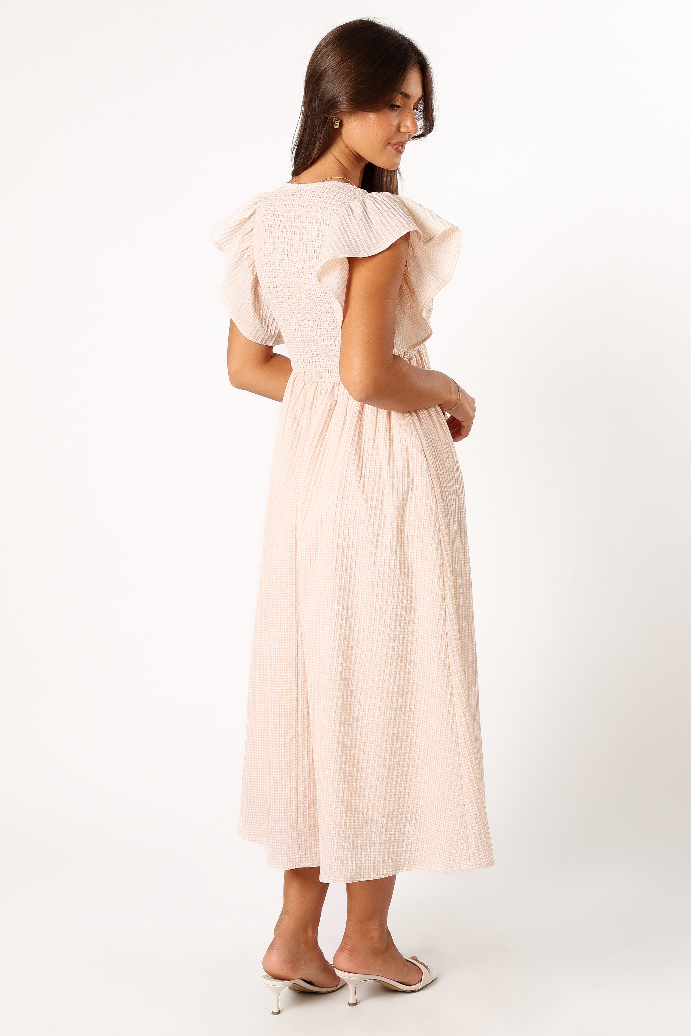 DRESSES @Farley Flutter Sleeve Midi Dress - Tan Gingham (Hold for Sundial)