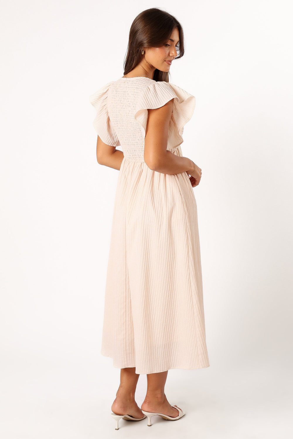 DRESSES @Farley Flutter Sleeve Midi Dress - Tan Gingham (Hold for Sundial)