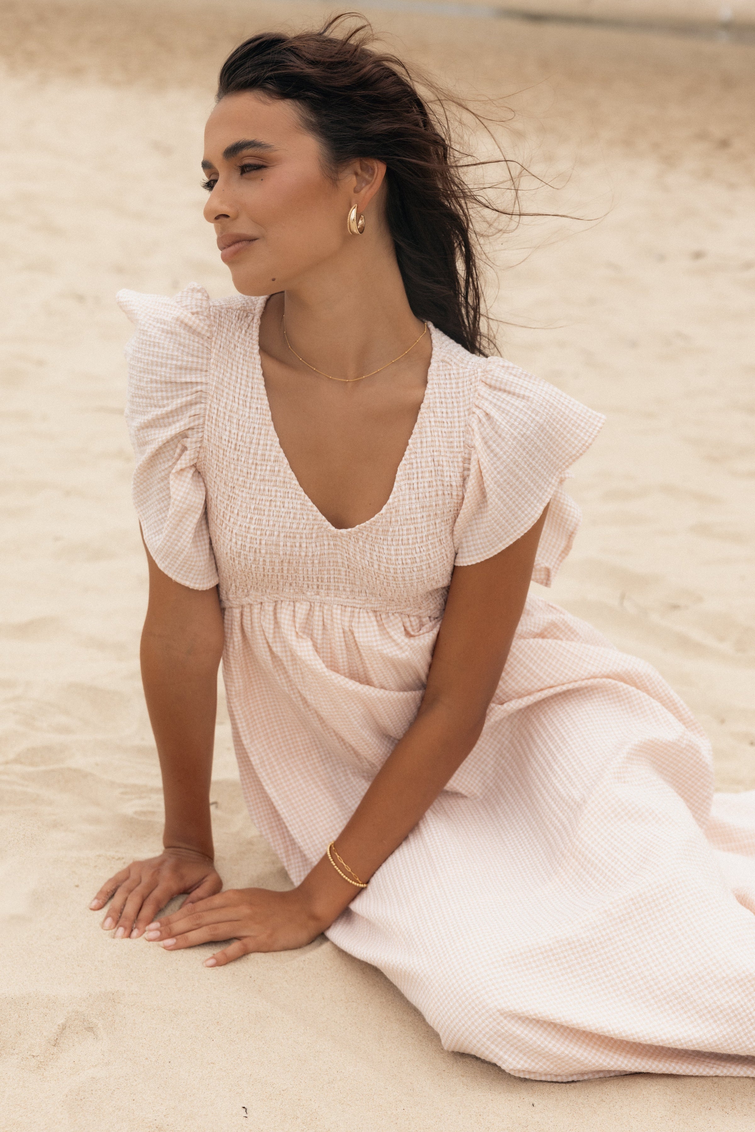 DRESSES @Farley Flutter Sleeve Midi Dress - Tan Gingham (Hold for Sundial)