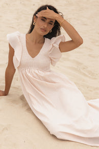 DRESSES @Farley Flutter Sleeve Midi Dress - Tan Gingham (Hold for Sundial)